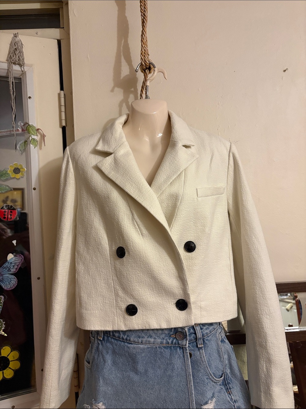 Anthropologie Ivory Double-Breasted Cropped Blazer with Black Buttons